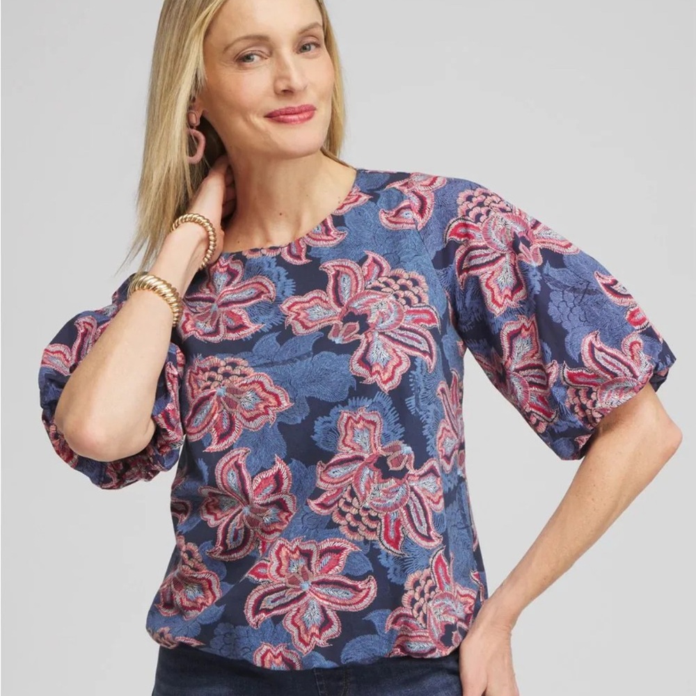 Chico's Floral Bubble Hem Top, cotton, Ladies size 2 / Large, Business Casual